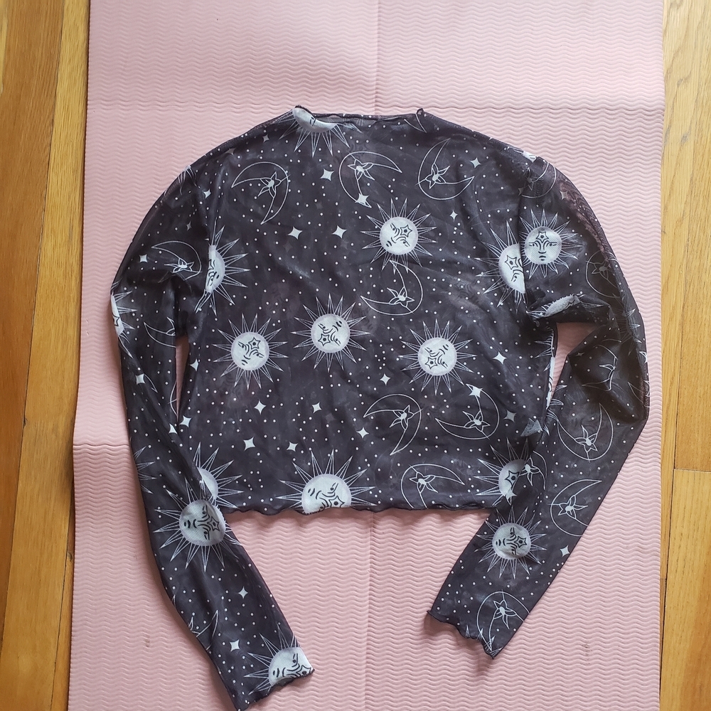 Celestial Print Long-Sleeve Sheer Crop Top Sun Moon